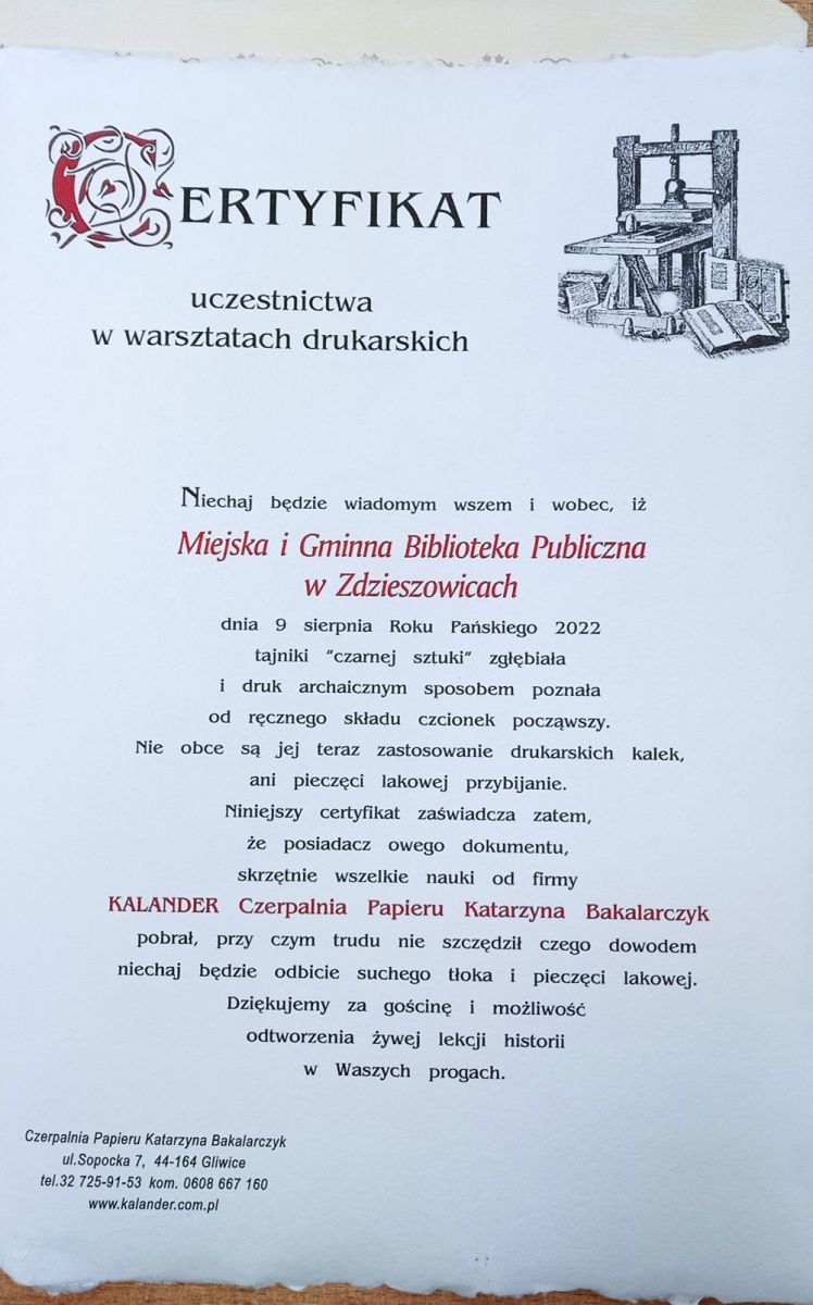 Certyfikat uczestnika warsztatów