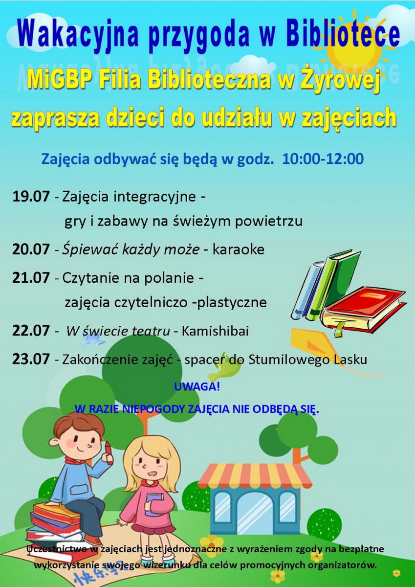 Plakat z planem zajęć wakacyjnych w bibliotece w Żyrowej